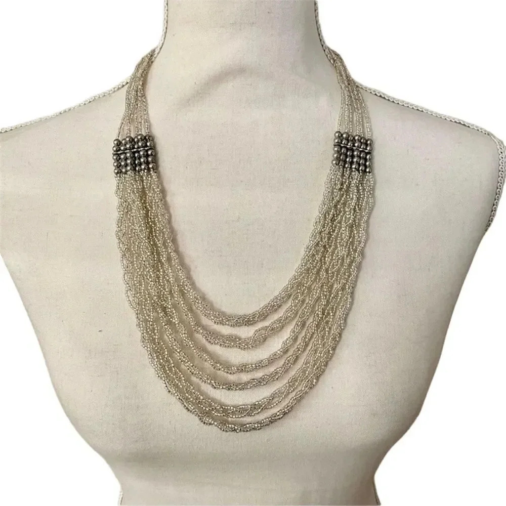ZAD Jewelry Multi Strand Seed Bead Statement Necklace Champagne Silver NWT